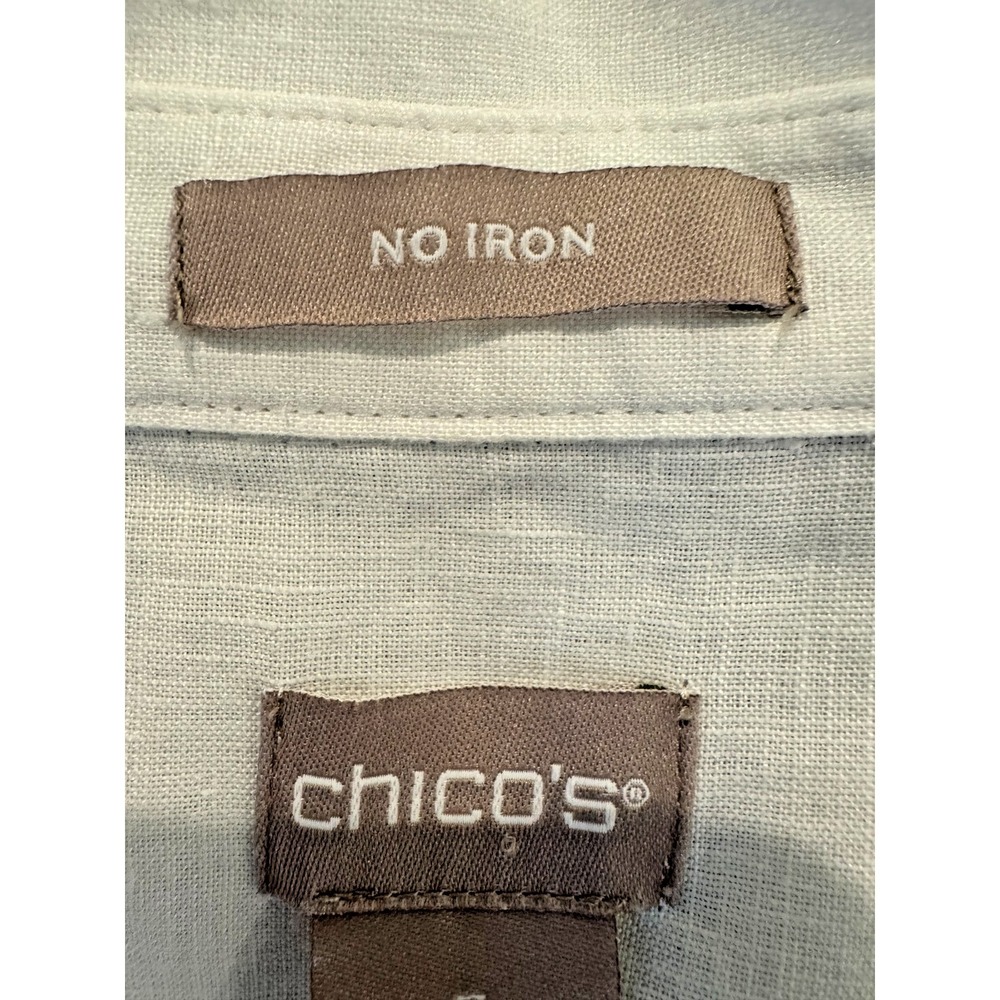 CHICOS Size 3 No Iron 100% Linen Button Up Blouse White Roll Tab Sleeve Shirt XL - Picture 6 of 9
